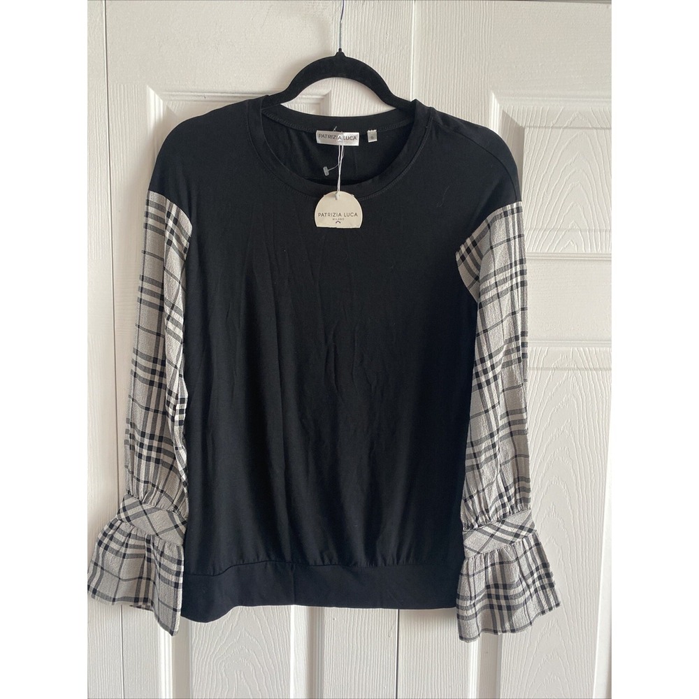 Patrizia Luca Black Top with Plaid Puff Sleeves
